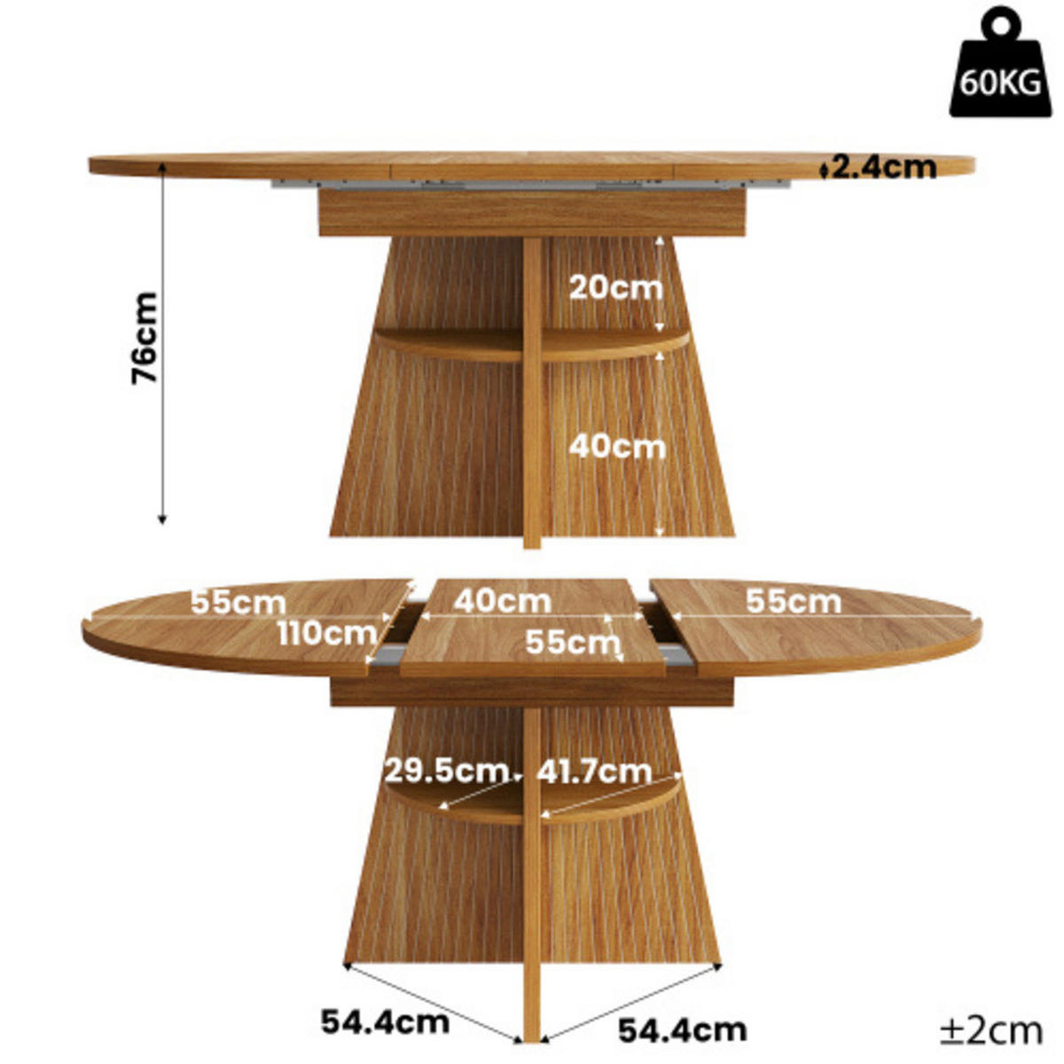 ESSTISCH Ausziehbarer 110-150×110×76 cm aus MDF und Metall mit Säulenfüßen und unterer Ablage, dunkelbraun - Dunkelbraun, Holzwerkstoff (150/110/76cm) - Luhomfu