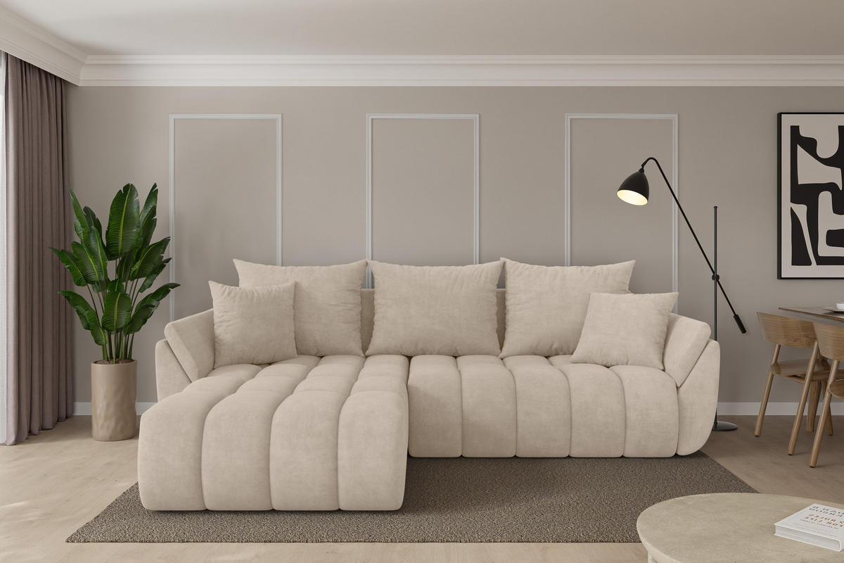 ROHOVÁ SEDAČKA s funkcí spaní, otoman vlevo TOKO-L-v1 277x194x86 béžová velur - černá/Sahara, kompozitní dřevo/textil (277/194cm) - ALTDECOR