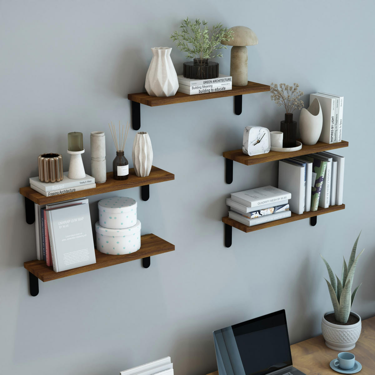 WANDREGAL-SET 5 TLG. Frogn - Schwarz/Braun, Holzwerkstoff (50/15/15cm) - [en.casa]