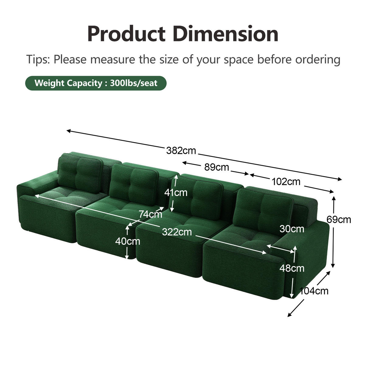 SOFA 4-Sitzer Modulares aus Cord mit tiefem Sitz & rutschfester Basis, grün - Grün, Textil (104/69/382cm) - Luhomfu