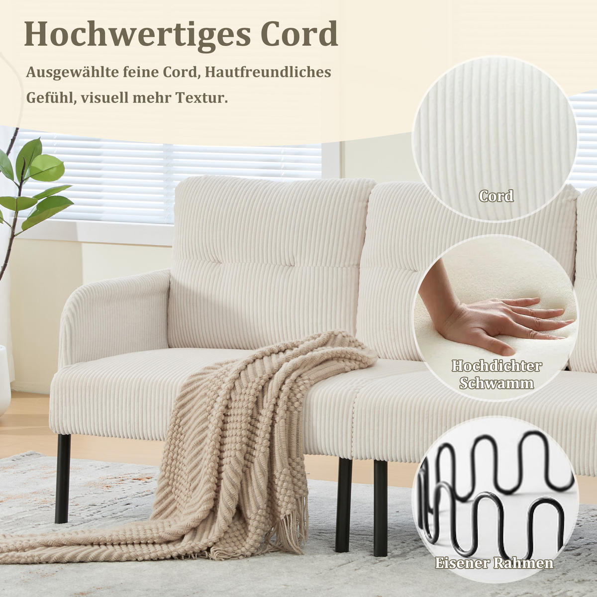 3-SITZER Sofa mit Seitentaschen, Metallgestell & Leinenstoff, 171cm, Beige - Beige/Schwarz, Textil/Metall (171/80/72cm) - LVHOM