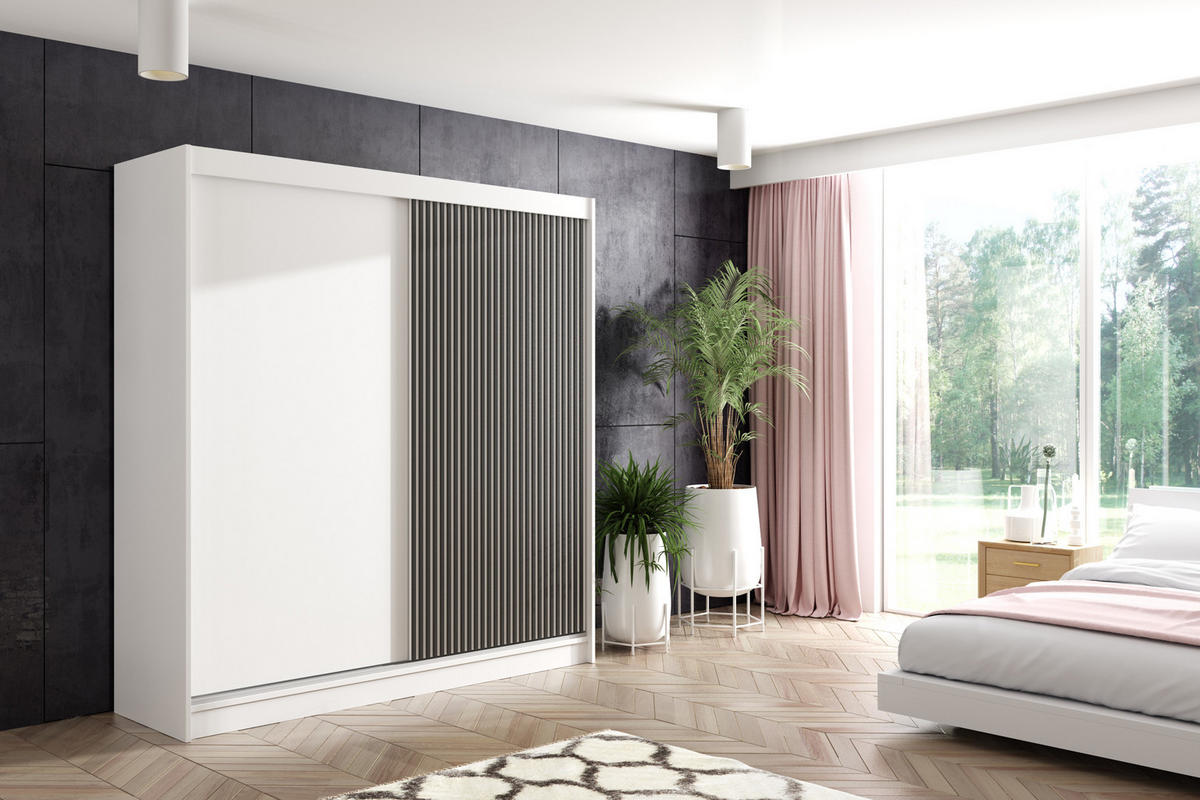 KLEIDERSCHRANK VILAN mit Lamel/LED - 200 cm - Weiß|Schwarz - Schwarz/Weiß, Holzwerkstoff (200/215/61cm) - ALTDECOR