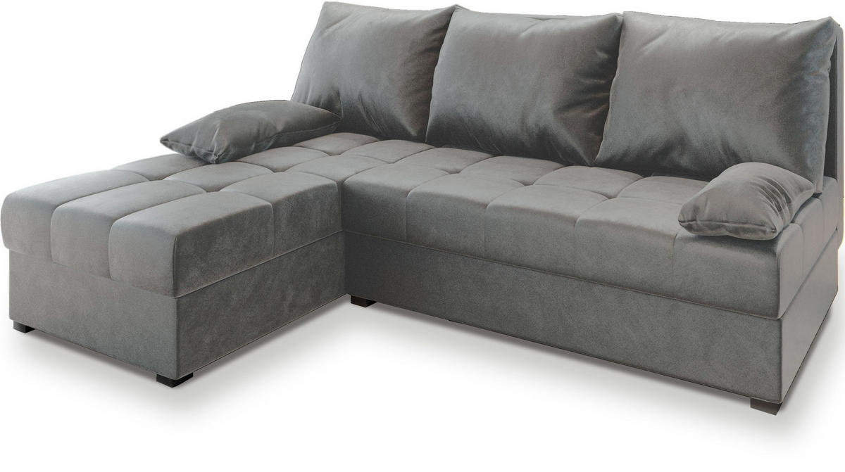 ECKSOFA RITA Hellgrau Plüsch-Stoff mit Schlaffunktion - Hellgrau, Holz (200/141cm) - MASSENO