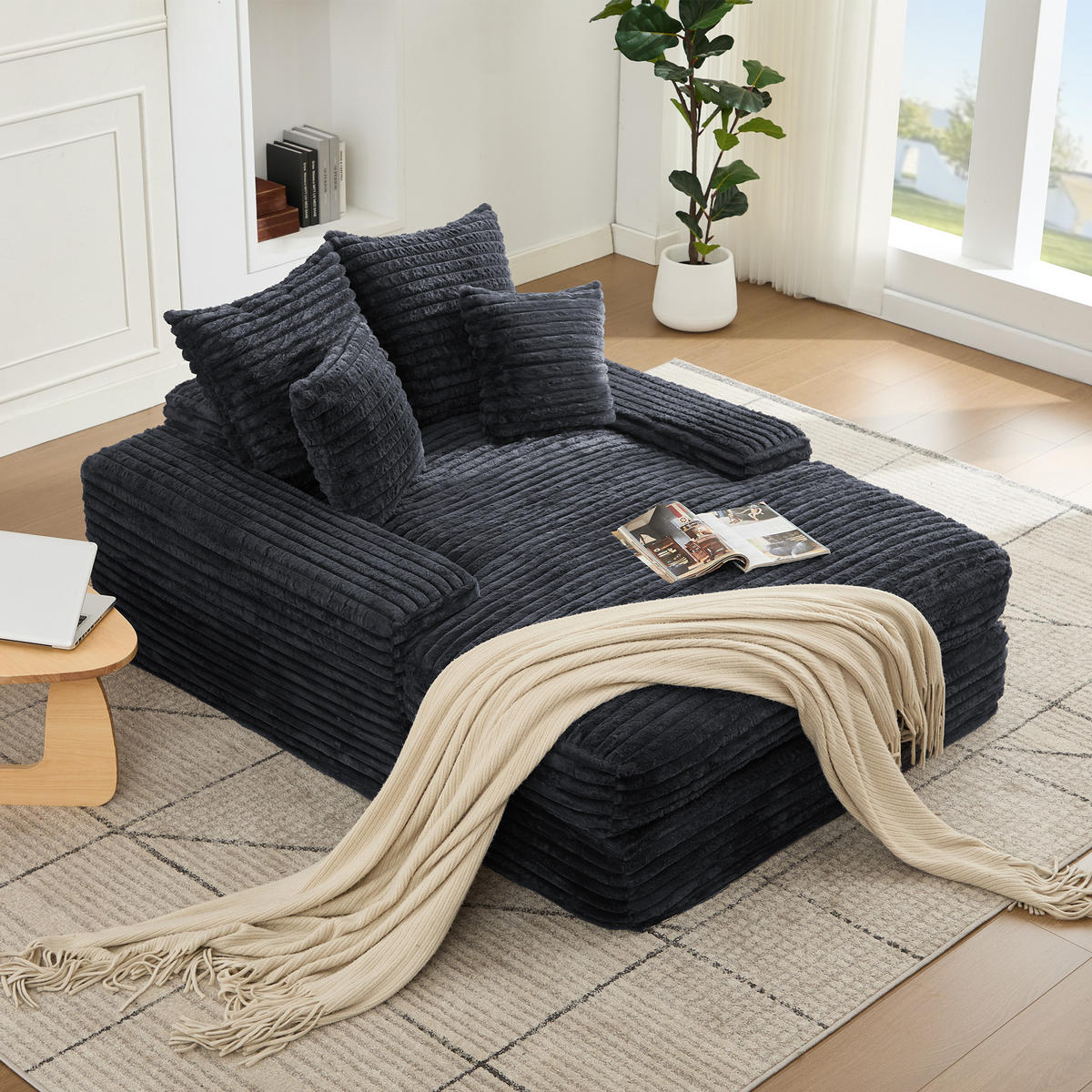 CHAISELONGUE Cordstoff mit Memory-Schaum und 4 Kissen 137/175/63 cm Grau - Grau, Textil (137/63/175cm) - Redom