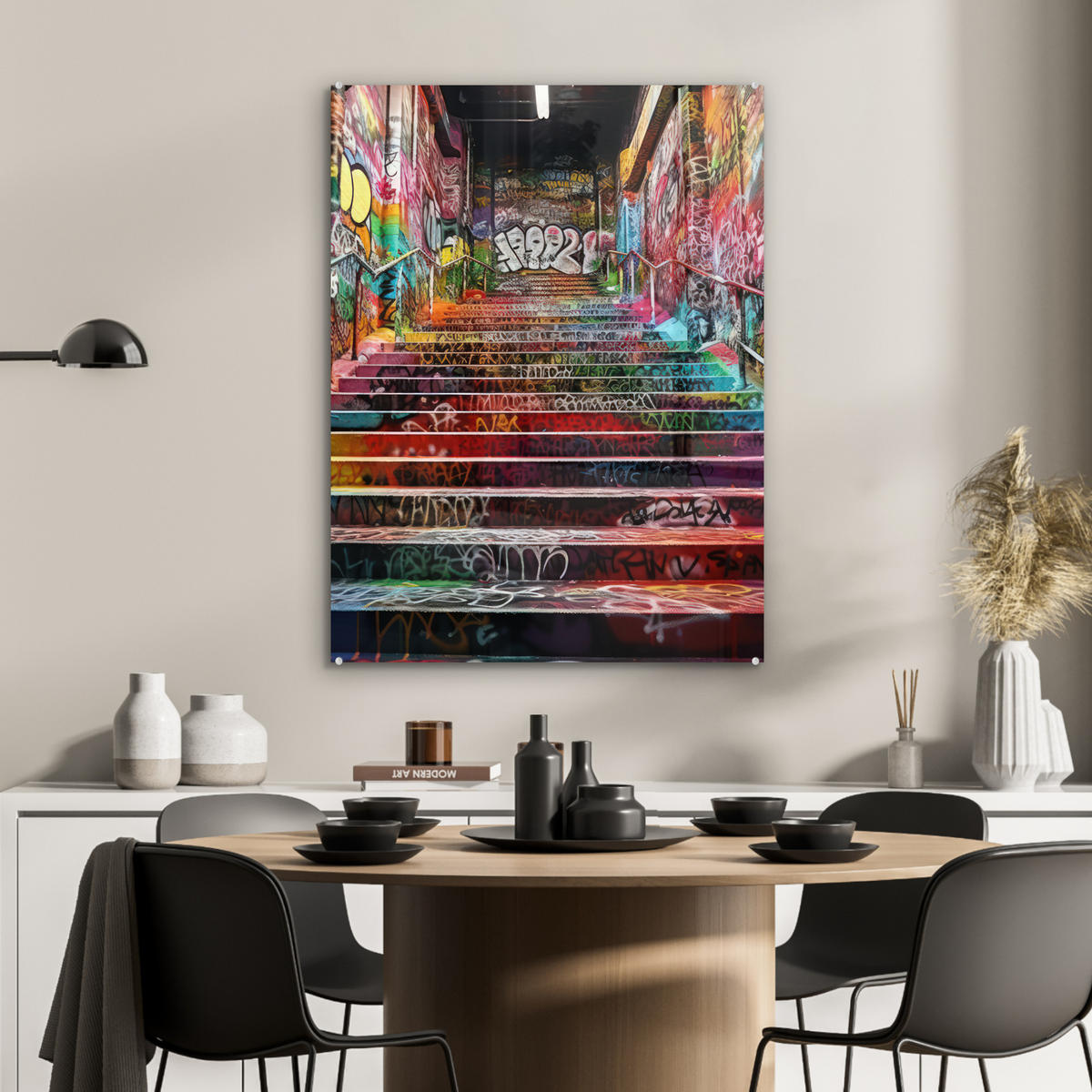 ACRYLGLASBILD Treppe - Graffiti - Farben - Kunst 60x80 cm - Multicolor, Glas (60/80cm) - MuchoWow