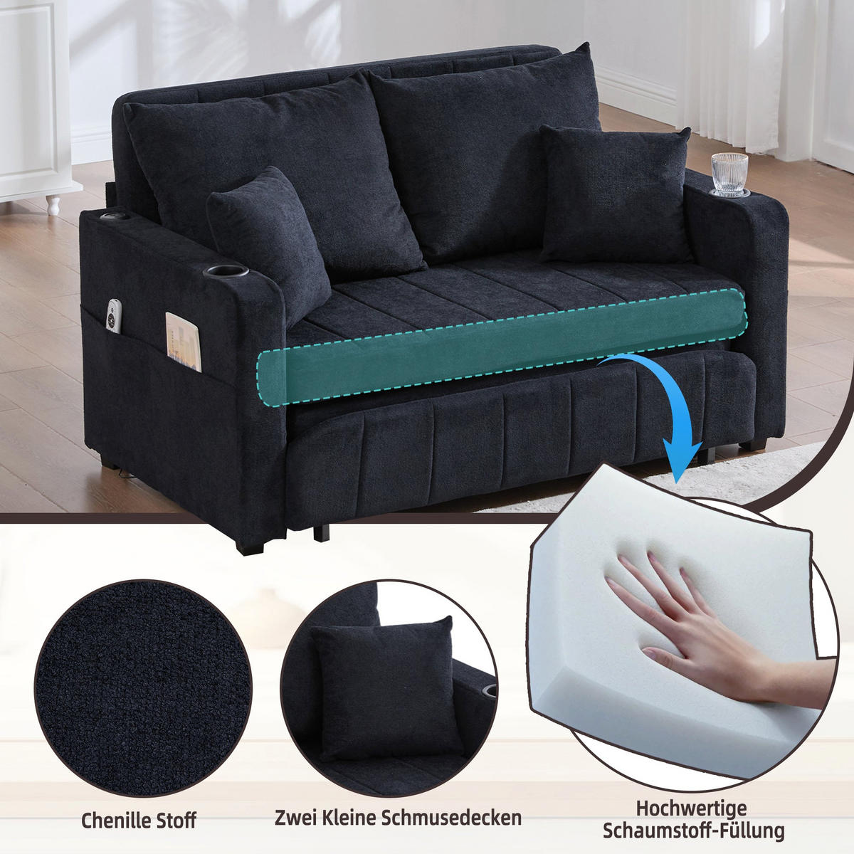 SCHLAFSOFA aus chenille mit bettfunktion, usb-anschluss & becherhaltern - Schwarz, Textil (139/83/73cm) - Urban Meuble