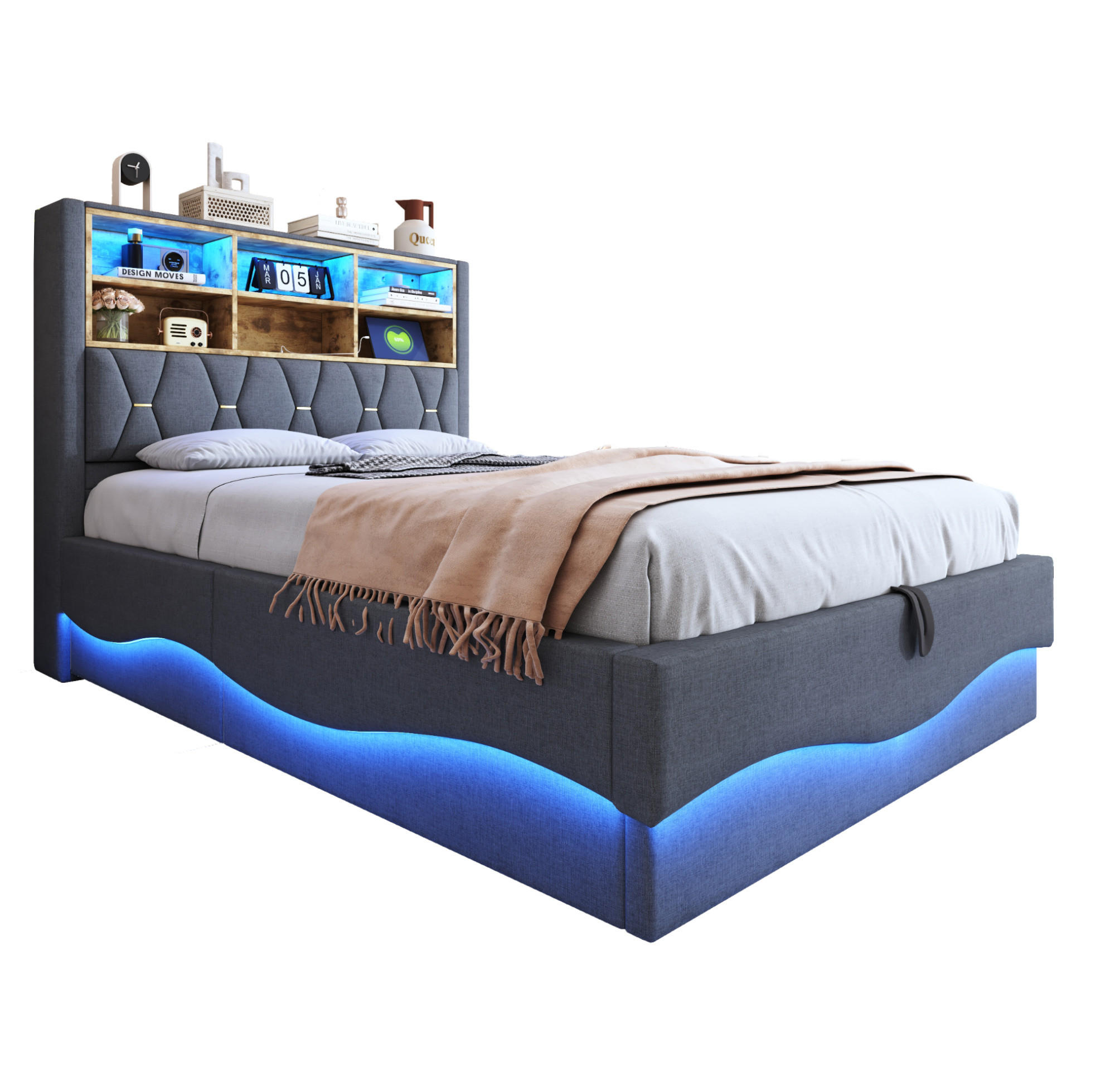 POLSTERBETT 140/200 cm mit LED-Beleuchtung, USB-Anschluss, hydraulischem Stauraum und Leinenbezug, Grau - Grau, Metall (140/200cm) - Redom