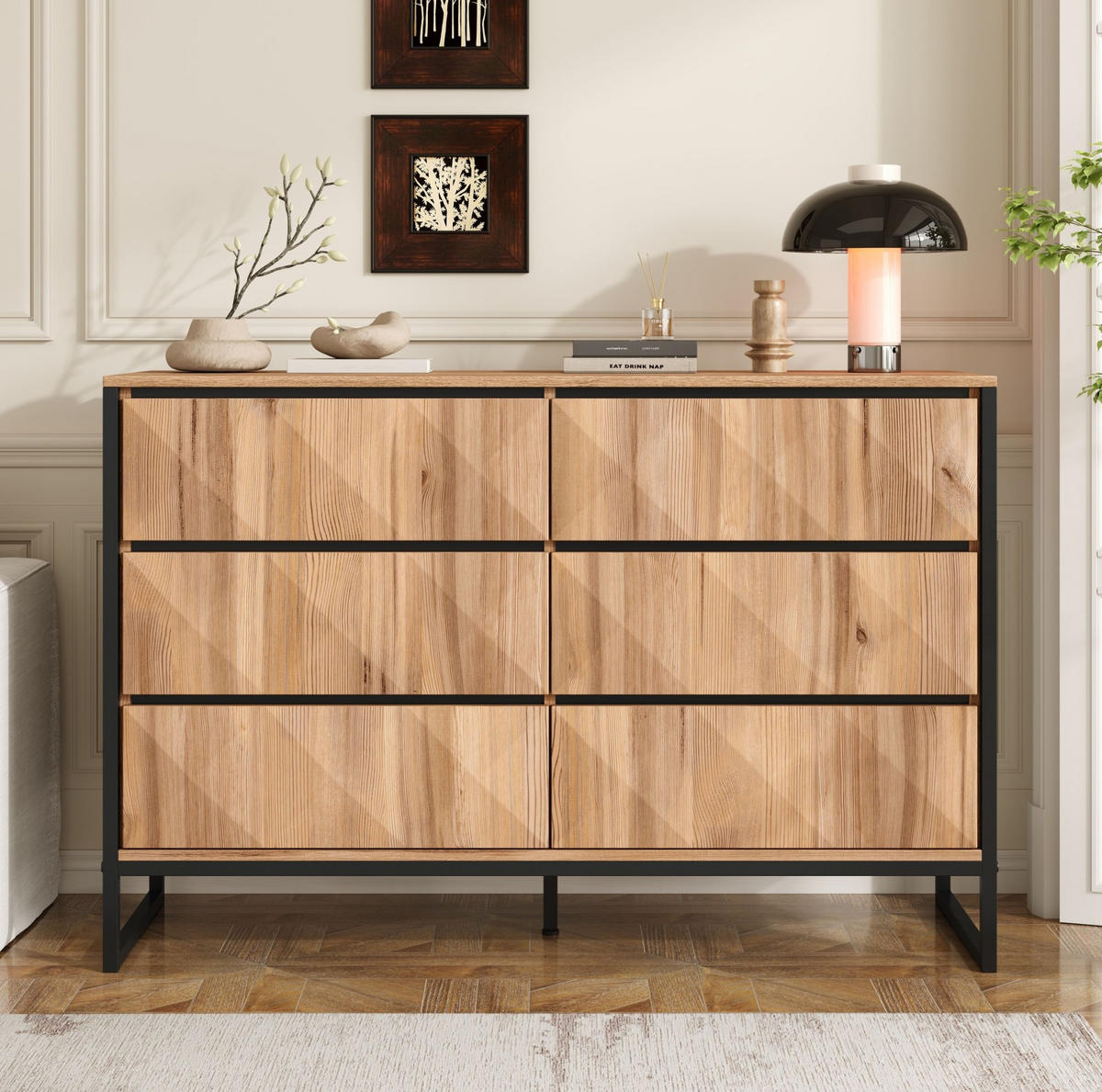 SIDEBOARD 120/40/80 cm in Schwarz/Natur mit 6 Schubladen und Metallgestell - Naturfarben, Holzwerkstoff (120/80/40cm) - Flora Grace