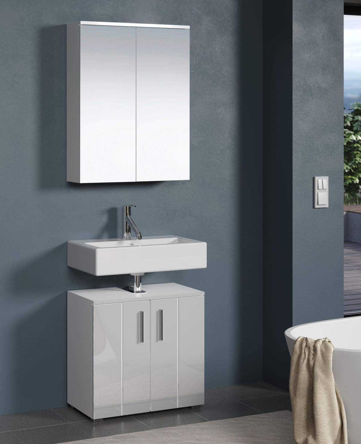 BADMÖBEL-SET weiß Hochglanz 112 x 192 cm 2-teilig, Badezimmer Schränke in modernem Design - Weiß Hochglanz/Silberfarben, Holzwerkstoff/Kunststoff (60/192/32cm) - Top.Furn