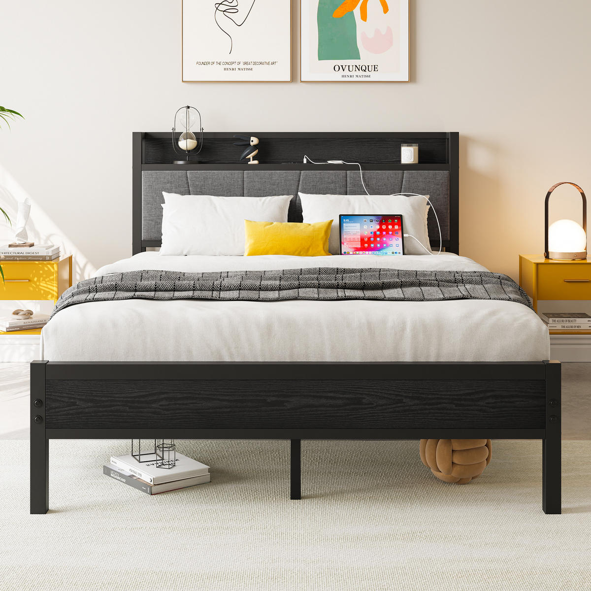 METALLBETT 140/200 mit Matratze und Gepolstertes Kopfteil Jugendbett mit Steckdose, 27 cm Bodenfreiheit - Schwarz/Grau, Holzwerkstoff/Textil (140/200cm) - STILVORA