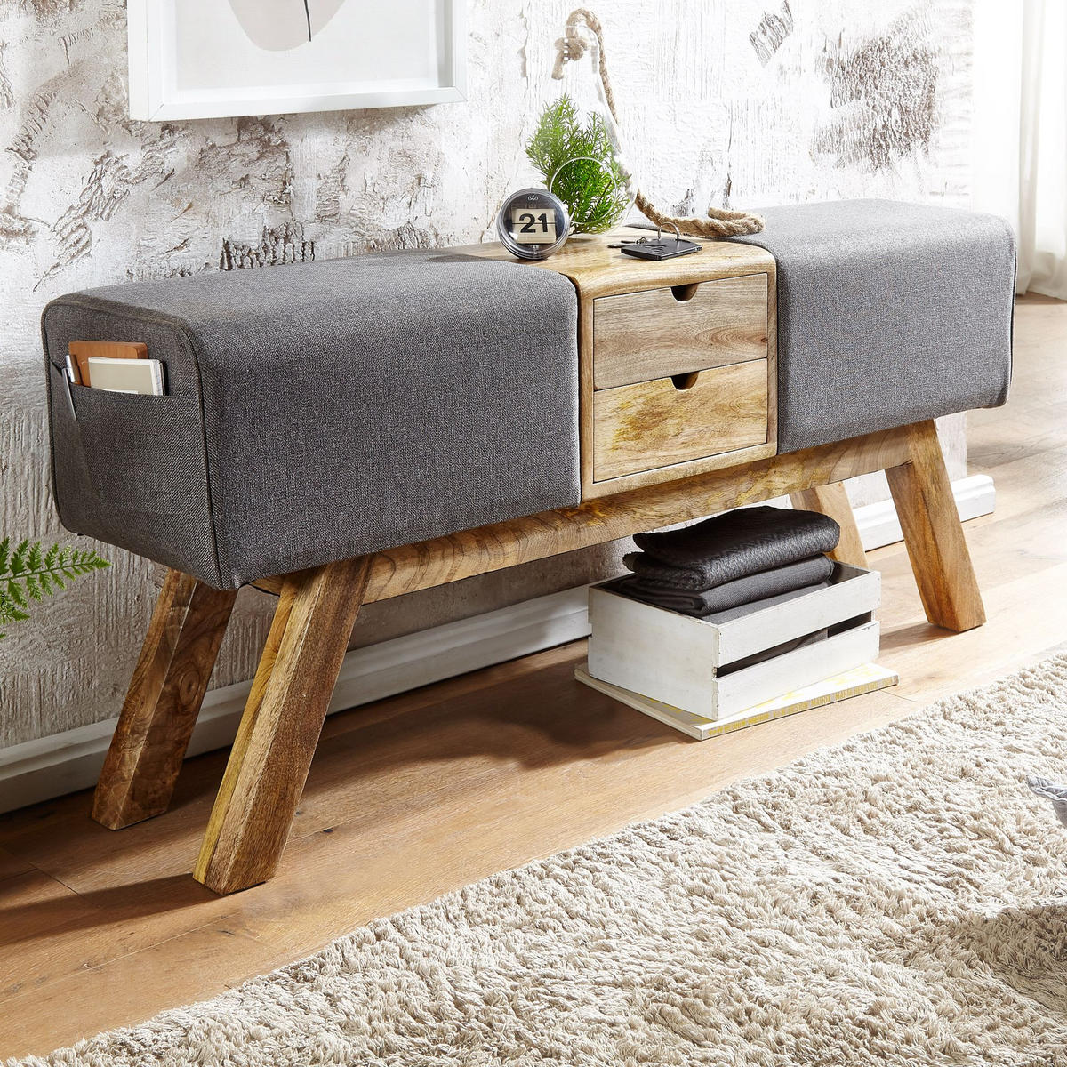 SITZBANK Massivholz Stoffbezug mit 2 Schubladen, Grau 120x30x56 cm - Braun/Grau, Mangoholz/Textil (120/56/30cm) - KADIMA DESIGN