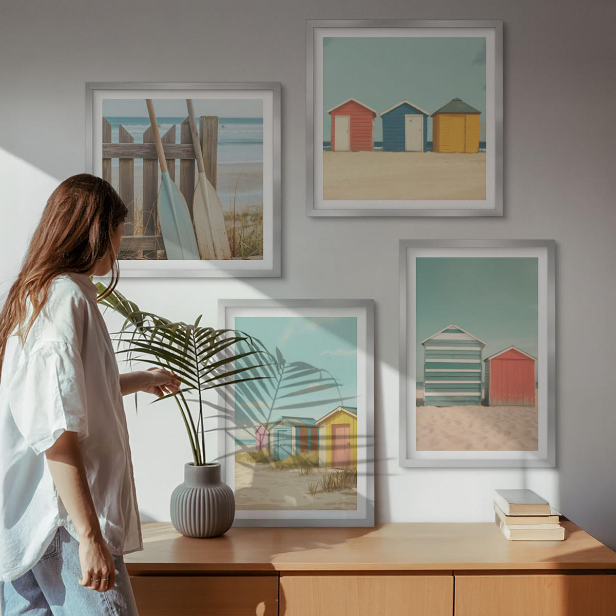 BILDER SET 4er Set - 50x50 cm & 40x60 cm Silberner Rahmen - Bunte Strandhäuser - Silberfarben, Kunststoff (50/50cm) - TULUP