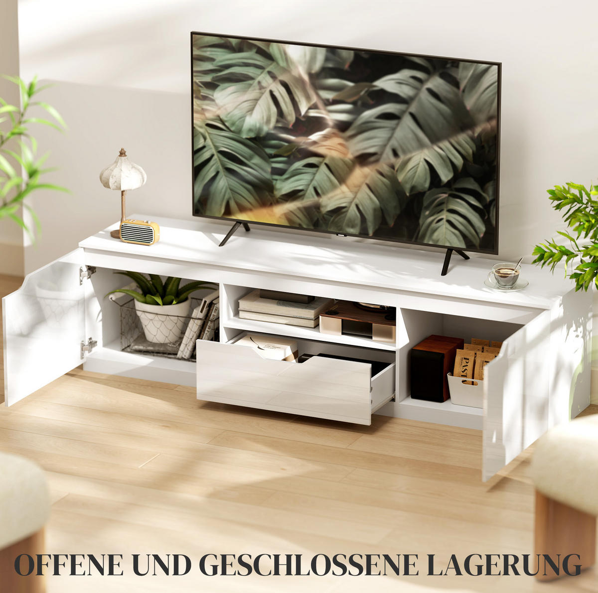 TV-LOWBOARD 160/38/43 cm Weiß aus Holz mit Kabelmanagement - Weiß, Holzwerkstoff (160/43/38cm) - OKWISH