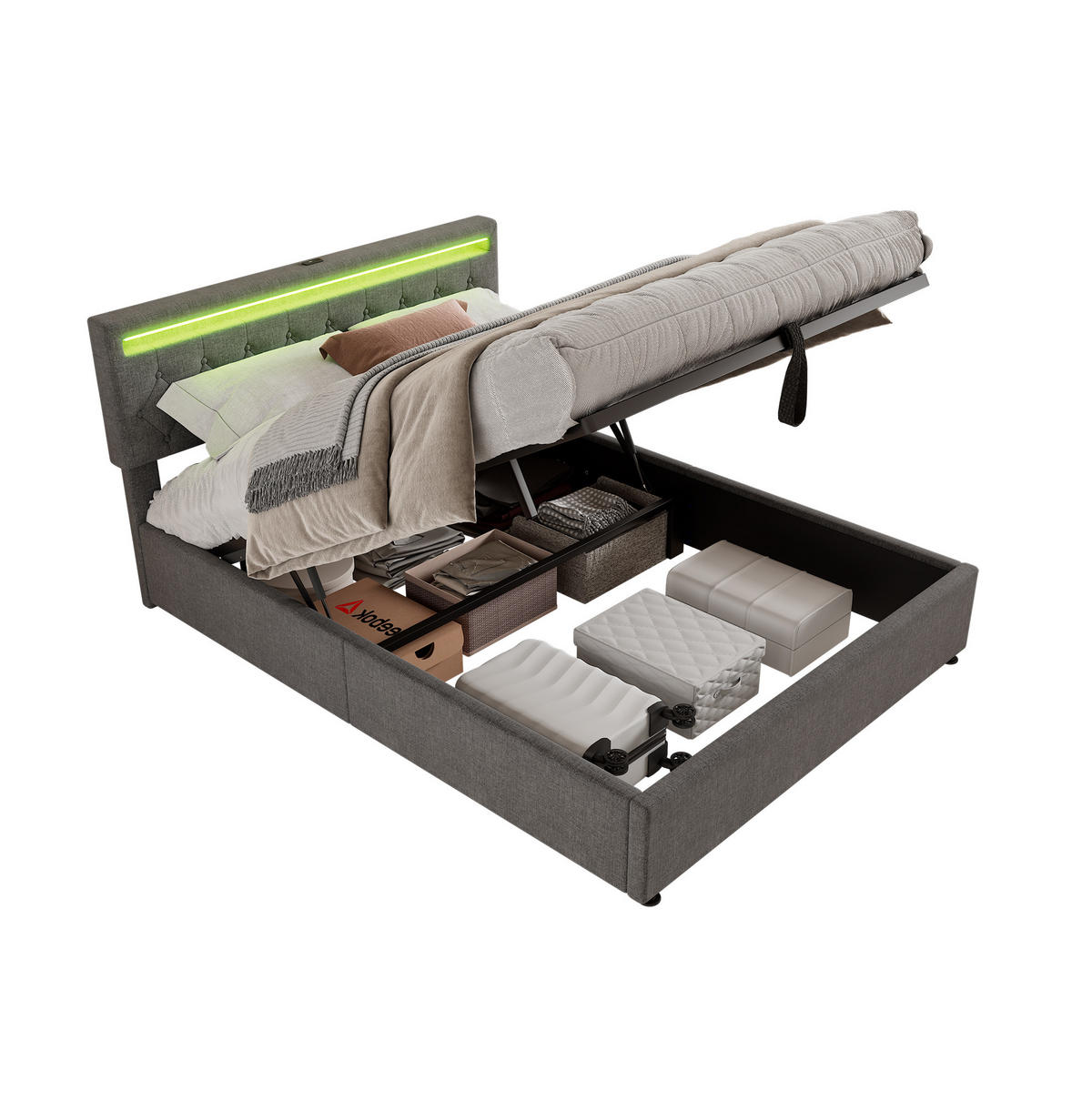 POLSTERBETT aus Leinen 160x200 cm in Grau mit LED-Beleuchtung & USB-C - Grau, Textil (160/200cm) - Modfu