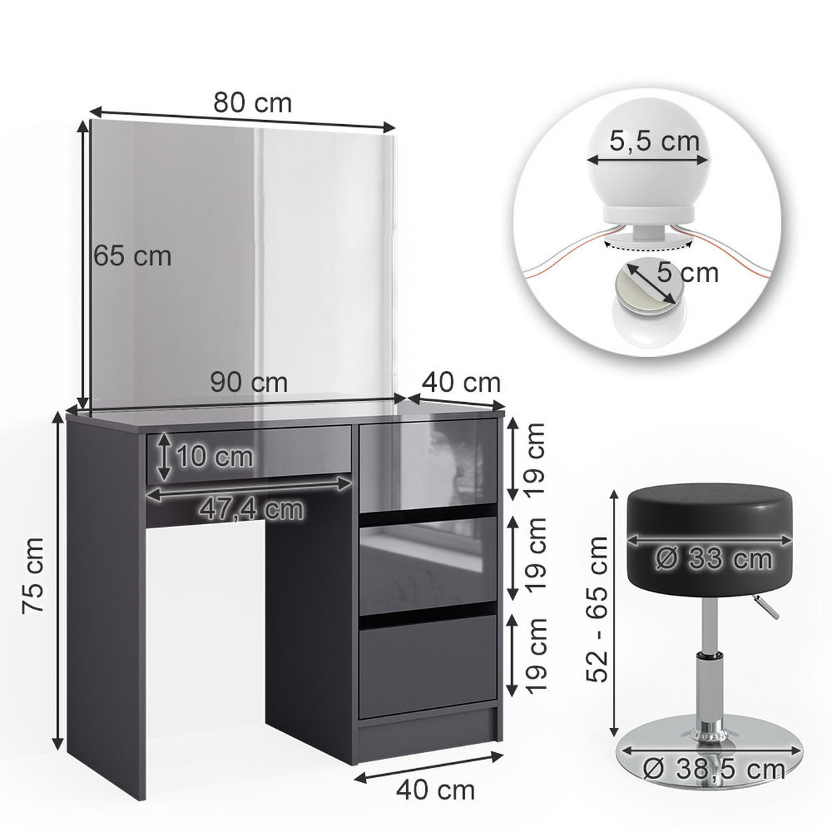 SCHMINKTISCH Sherry Anthrazit 90 cm mit LED Beleuchtung und Hocker - Schwarz Hochglanz/Anthrazit, Holzwerkstoff (90/75/40cm) - Vicco