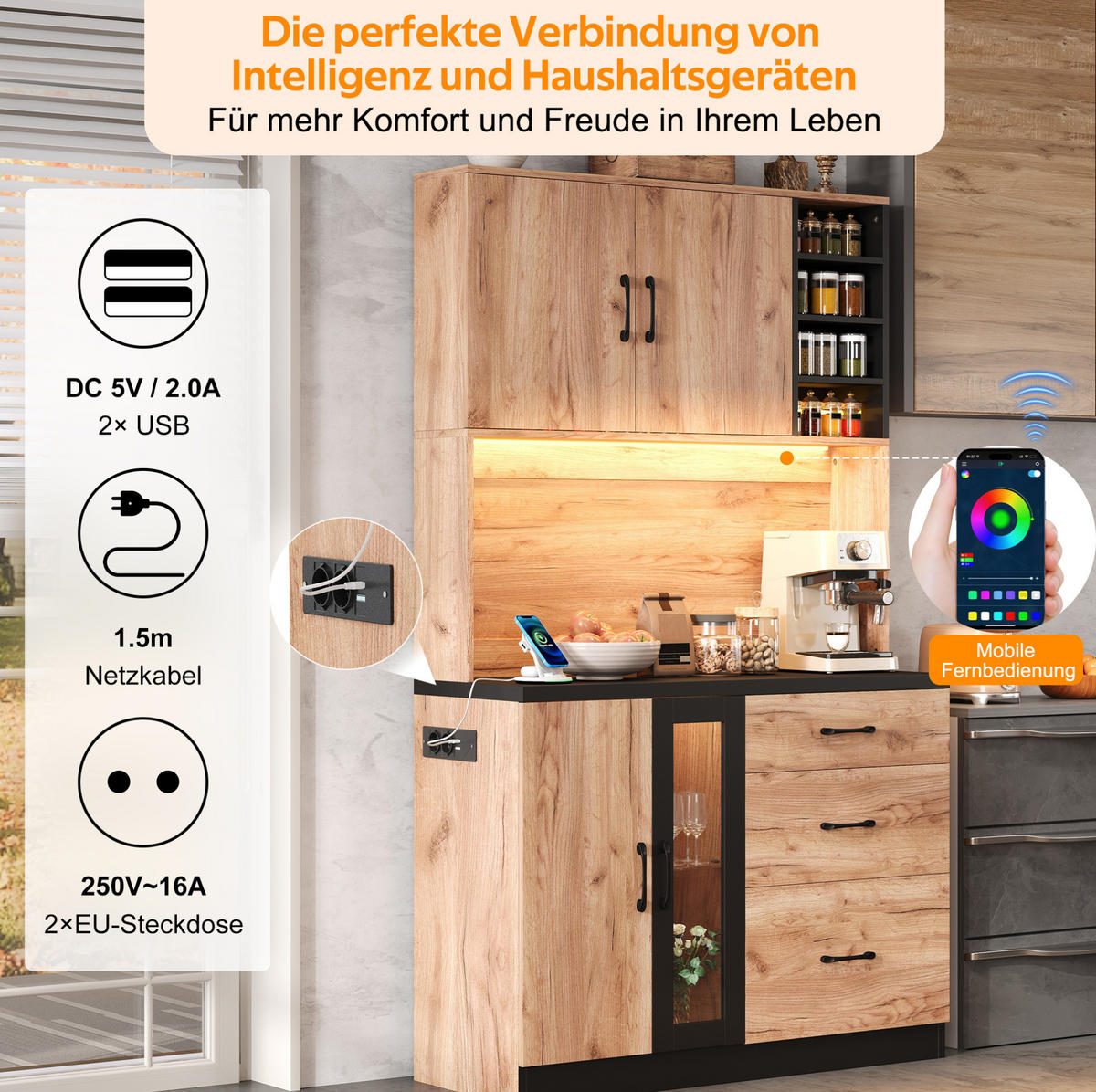 BUFFET 105/40/180 cm neutral aus MDF mit LED und Steckdose - Naturfarben, Holzwerkstoff (105/180/40cm) - OKWISH