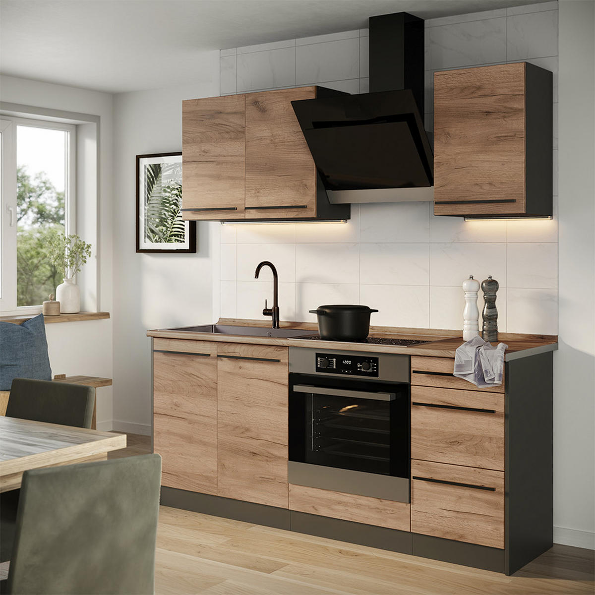 SINGLEKÜCHE R-Line, Goldkraft Eiche/Anthrazit, 180 cm Arbeitsplatte Marmor - Honigeiche/Anthrazit, Holzwerkstoff (180/206.8/60cm) - Vicco