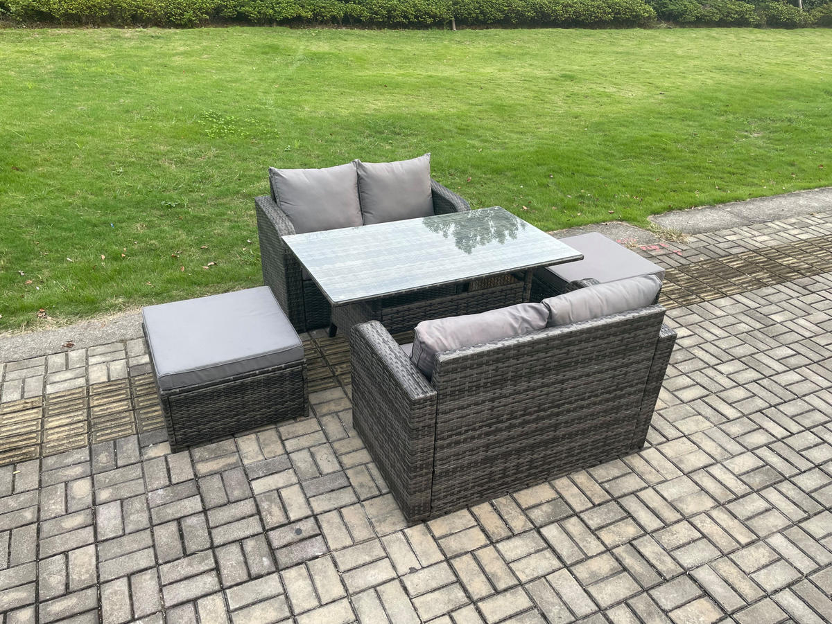 GARTENSET mit Zweisitzer,2 Hockern,Esstisch Polyrattan 6-Sitzer - Dunkelgrau/Grau, Glas/Kunststoff - Fimous
