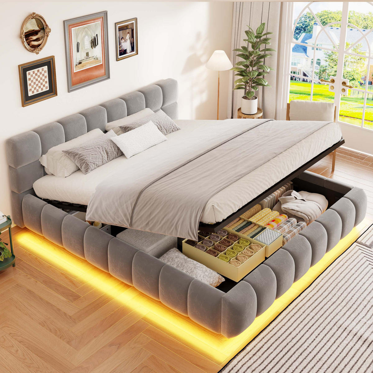 POLSTERBETT 160 x 200 cm mit LED und Stauraum, Grau - Grau, Textil (160/200cm) - FLIEKS