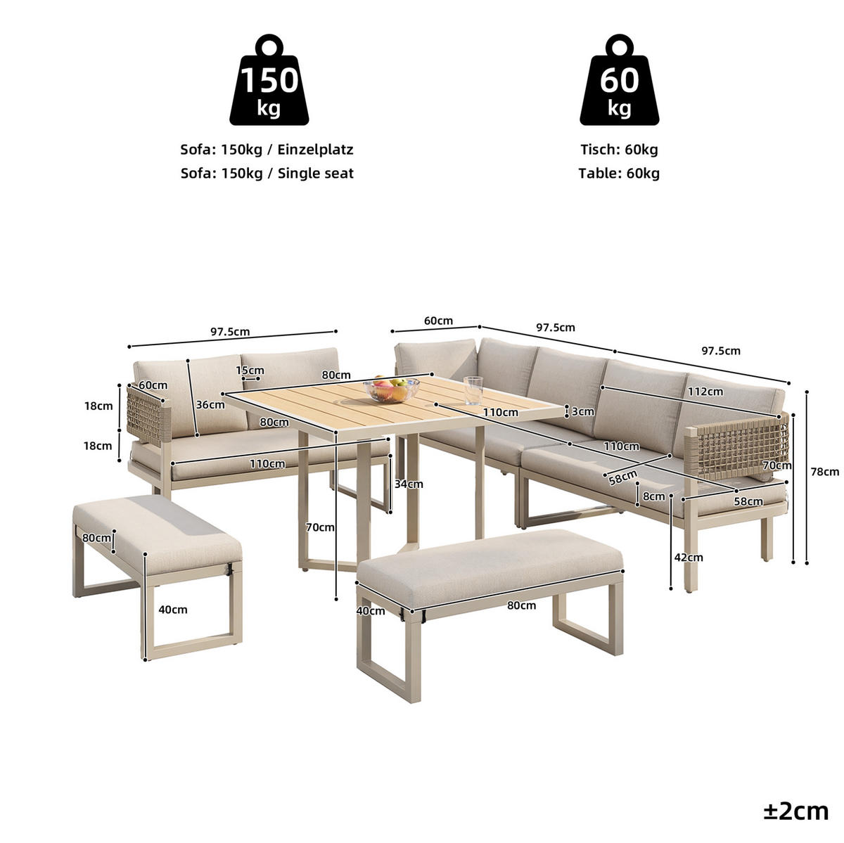 LOUNGEGARNITUR aus Metall & Kunststoffholz 110x58x78cm Beige - Beige, Metall - Modfu