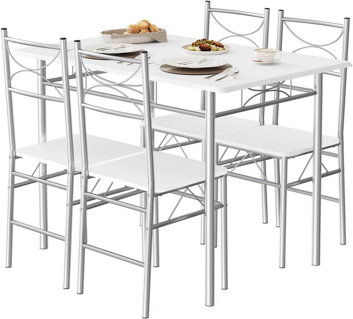 TISCHGRUPPE Esstisch mit 4 Stühlen, MDF, Weiß - Silberfarben/Weiß, Holzwerkstoff/Metall (110/76/70cm) - Woltu