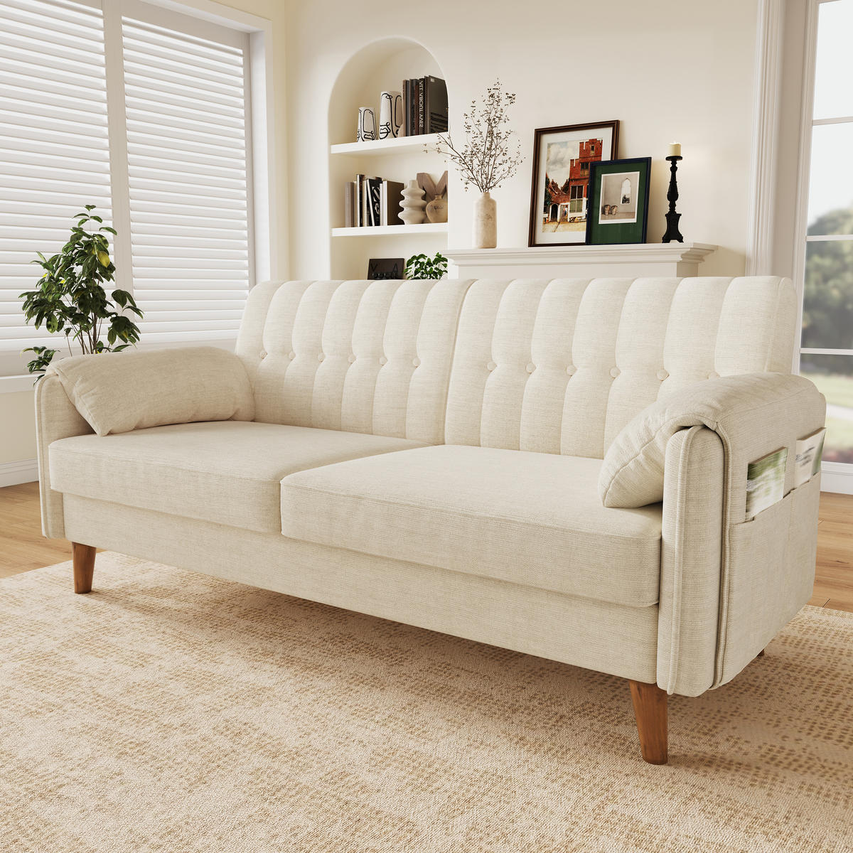 SOFA 2-Sitzer, Beige, Chenille, Stepplehne, Seitentaschen - Beige, Textil (79/85.5/161.5cm)