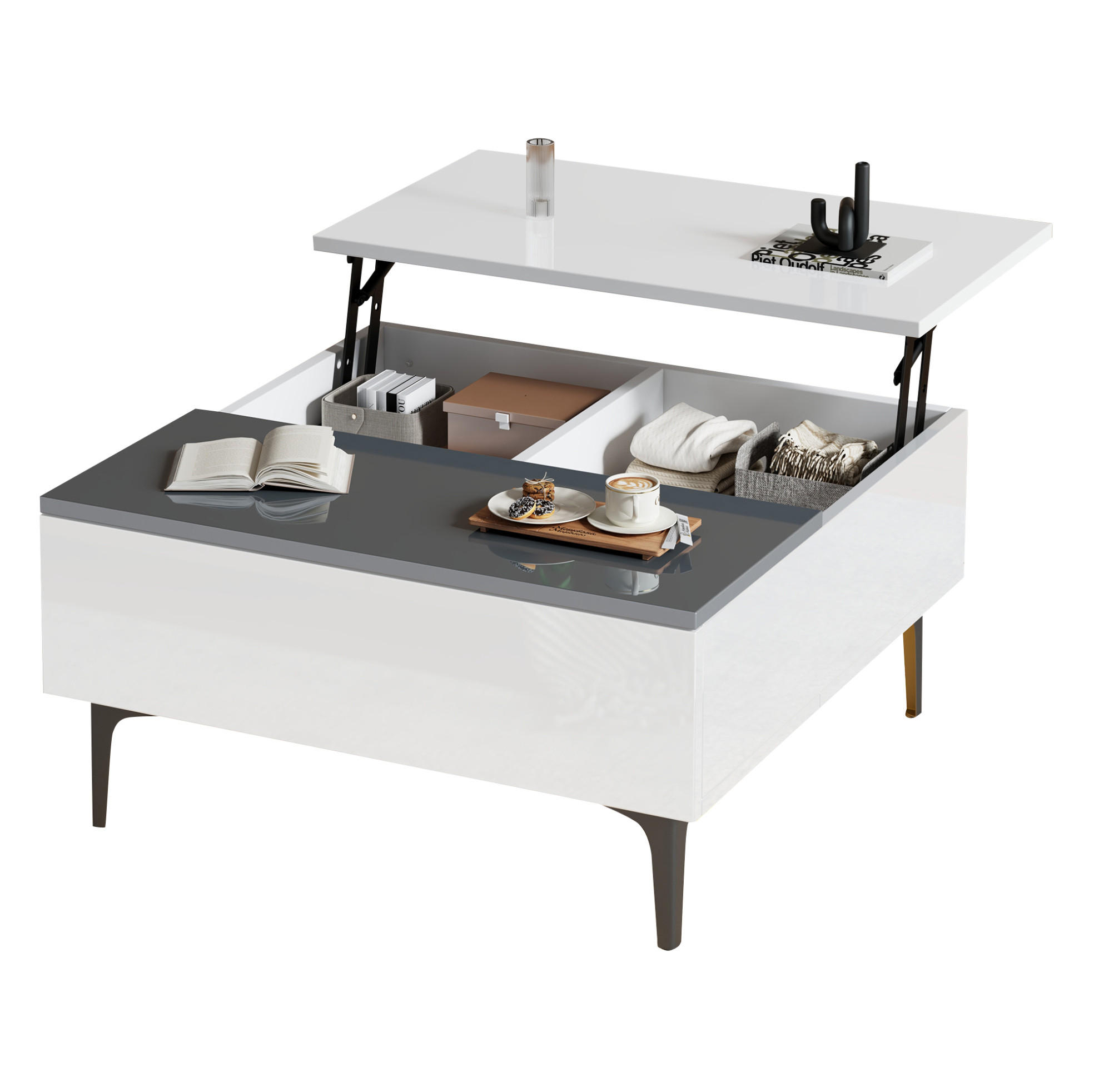 COUCHTISCH, höhenverstellbar bis 48,5 cm, MDF Hochglanz mit LED & verstecktem Stauraum, 70/70/35 cm, Weiß und Grau und schwarz - Weiß, Holzwerkstoff (70/70/35cm) - Redom