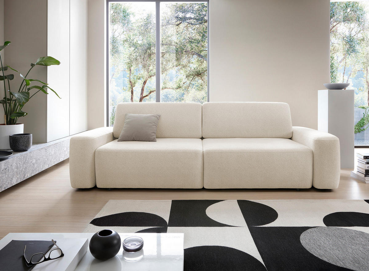 SOFA 4-Sitzer freistehend, Bettzeugcontainer, Polsterung aus PUR-Schaum, Stoff Raven, Schlaffunktion: 120x200 cm, Größe: 257x82x105 cm, Sand - Sandfarben, Holz/Textil (257/82/105cm) - DomoHome