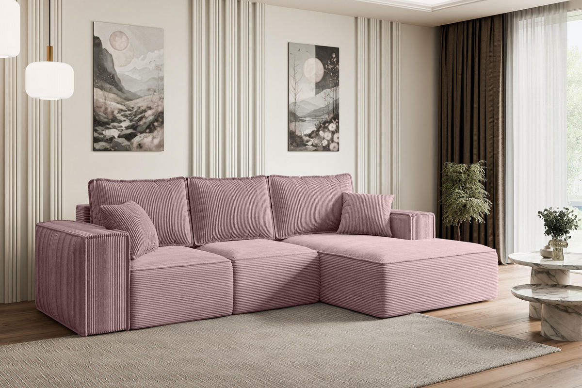 ECKSOFA mit Schlaffunktion und Bettkasten SERRA-L-S - 266x161x87 cm Rosa Cord - Schwarz/Rosa, Holzwerkstoff/Kunststoff (266/161cm) - ALTDECOR