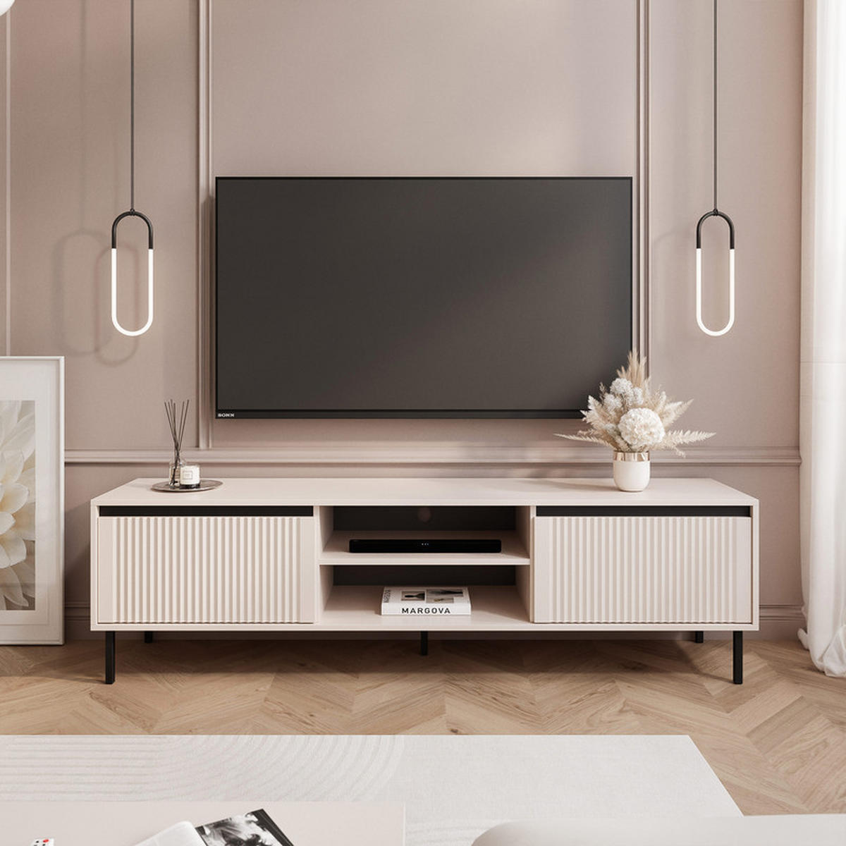 TV-LOWBOARD LIRA stehend, 179 cm Sandbeige - Beige/Schwarz, Holzwerkstoff/Metall (179/50/40cm) - Idohome