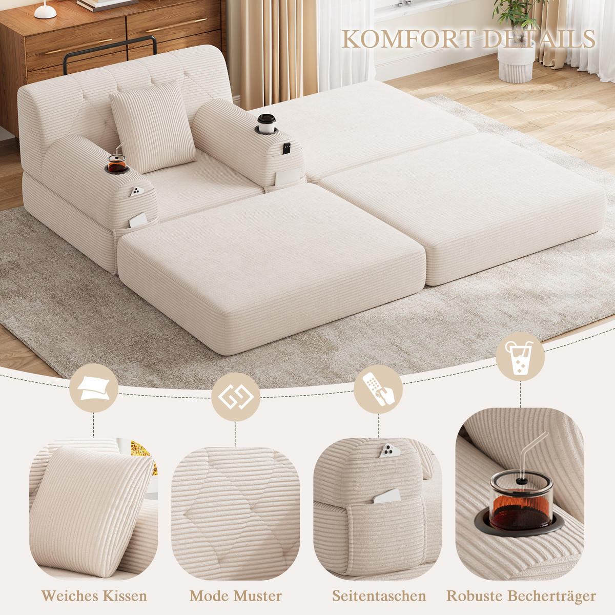 SCHLAFSOFA mit Hocker und Liegefunktion aus Cord mit Getränkehaltern und Seitentaschen in Beige - Beige, Textil (191/60/162cm) - EVRYAE