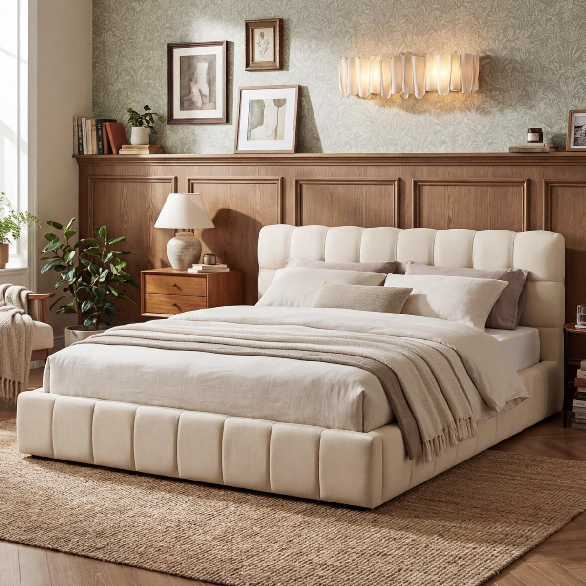 POLSTERBETT Block-Steppung 140/200 cm mit Stoßschutz-Rahmen Leinenoptik Beige - Beige, Textil (140/200cm) - Creahappy