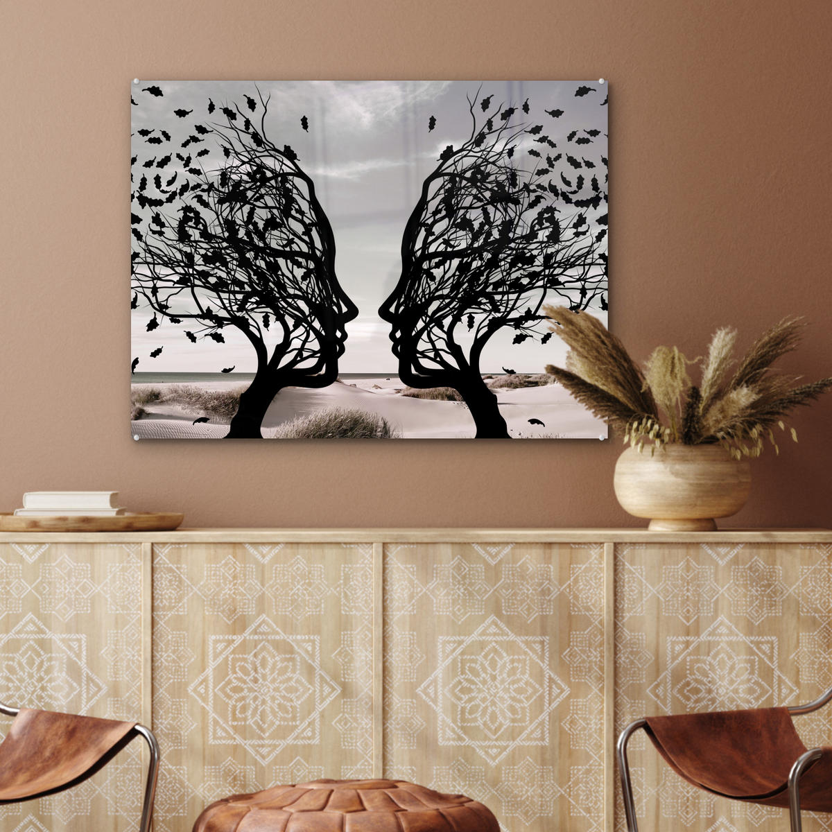 ACRYLGLASBILD Strand - Meer - Menschen - Baum - Moderne Kunst 80x60 cm - Hellgrau, Glas (80/60cm) - MuchoWow