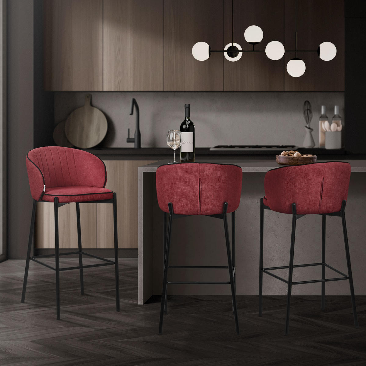 BARHOCKER 2er Set Rot mit Stoffbezug - Rot/Schwarz, Textil/Metall (50/101/54cm) - ML-DESIGN