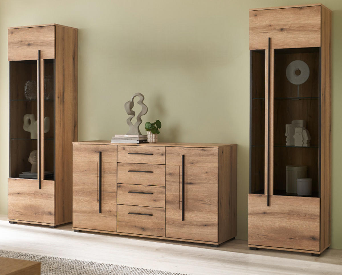 WOHNWAND Eiche Evoke, Wohnkombination 3-teilig mit Soft-Close - Eichefarben/Schwarz, Glas/Holzwerkstoff (290/200/42cm) - Furn.Design