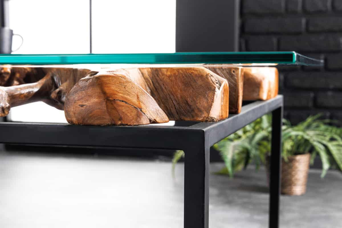 COUCHTISCH ROOT Teakholz quadratisch Natur|Schwarz|Transparent 70cm - Transparent/Schwarz, Glas/Holz (70/70/40cm) - riess-ambiente