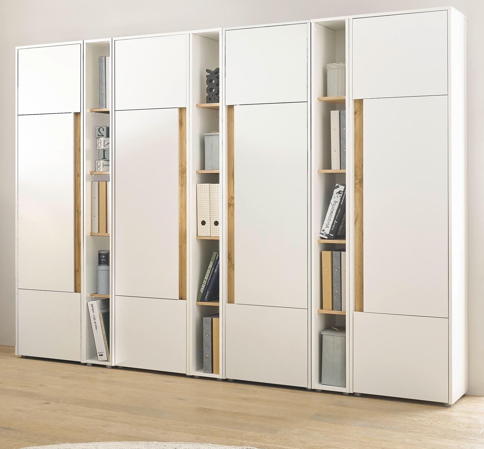 AKTENSCHRANK Set 7-teilig weiß matt, Eiche Wotan 260 x 200 cm, Schrank-Regal-Kombination mit 35 Fächern - Eichefarben/Silberfarben, Holzwerkstoff/Kunststoff (260/200/40cm) - Furn.Design