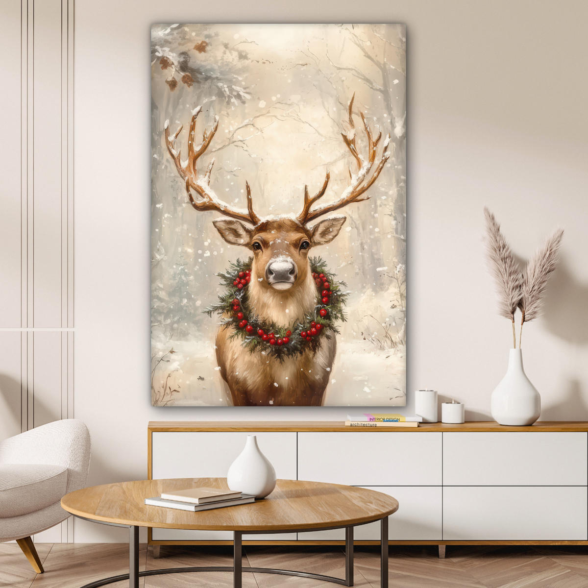 LEINWANDBILD Weihnachten - Rentier - Winter - Kranz 80x120 cm - Naturfarben, Textil (80/120cm) - MuchoWow