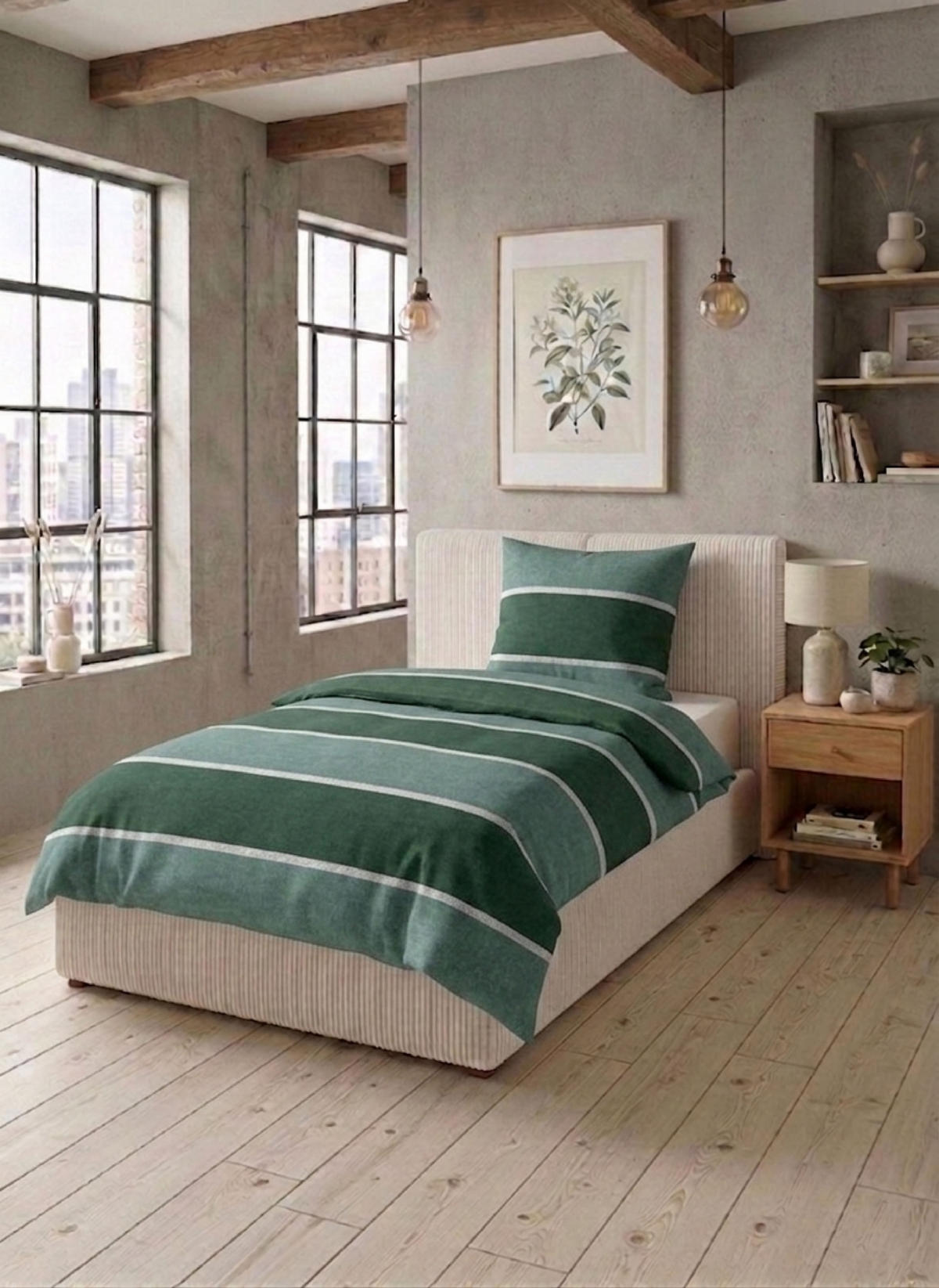 BETTWÄSCHE-GARNITUR Premium Melange Blockstreifen dunkelgrün, 135x200 cm + 80x80 cm - Dunkelgrün, Textil (135/200cm) - biberna