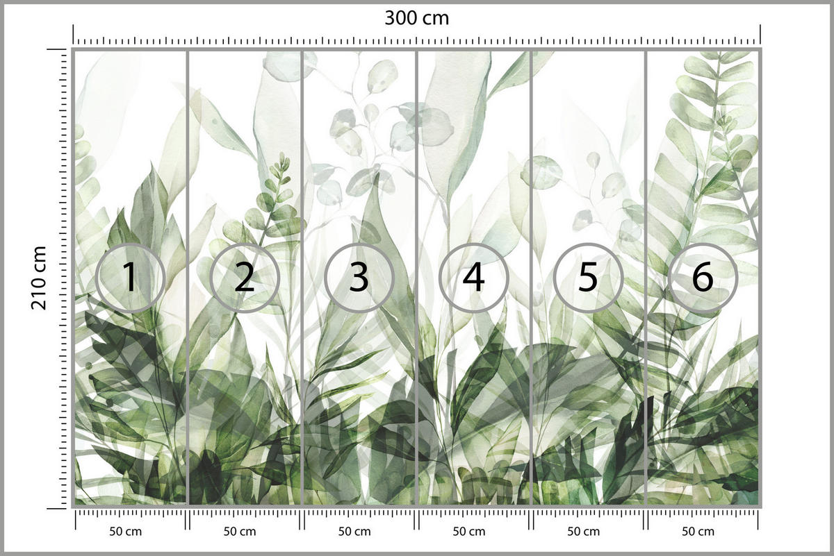 FOTOTAPETE für Schlafzimmer Aquarell Tropische Grüne Blätter Exotisch Blätter 300x210 - Weiß/Grün, Papier (300/210cm) - Muralo