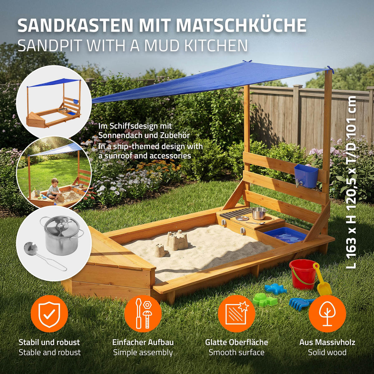 SANDKASTEN mit Dach und Matschküche aus Massivholz 101x163 cm - Braun, Holz (101/163/120.5cm) - ML-DESIGN
