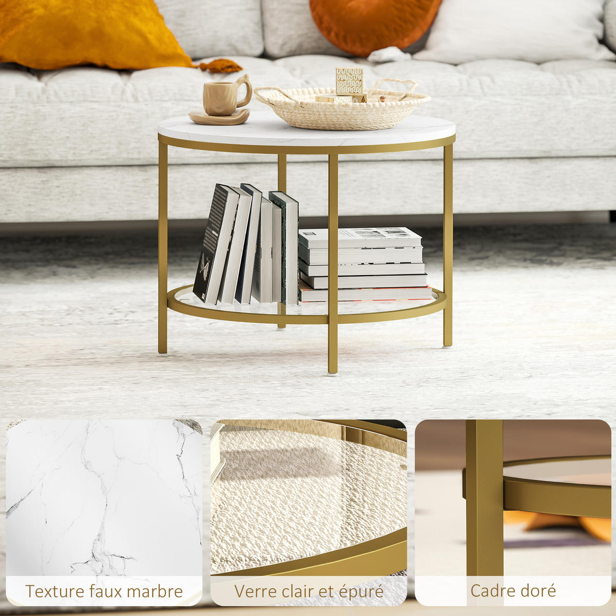 COUCHTISCH DE-15785 mit Marmoroptik & Glasablage Weiß - Weiß, Holzwerkstoff (60/60/45cm) - ComfortXL