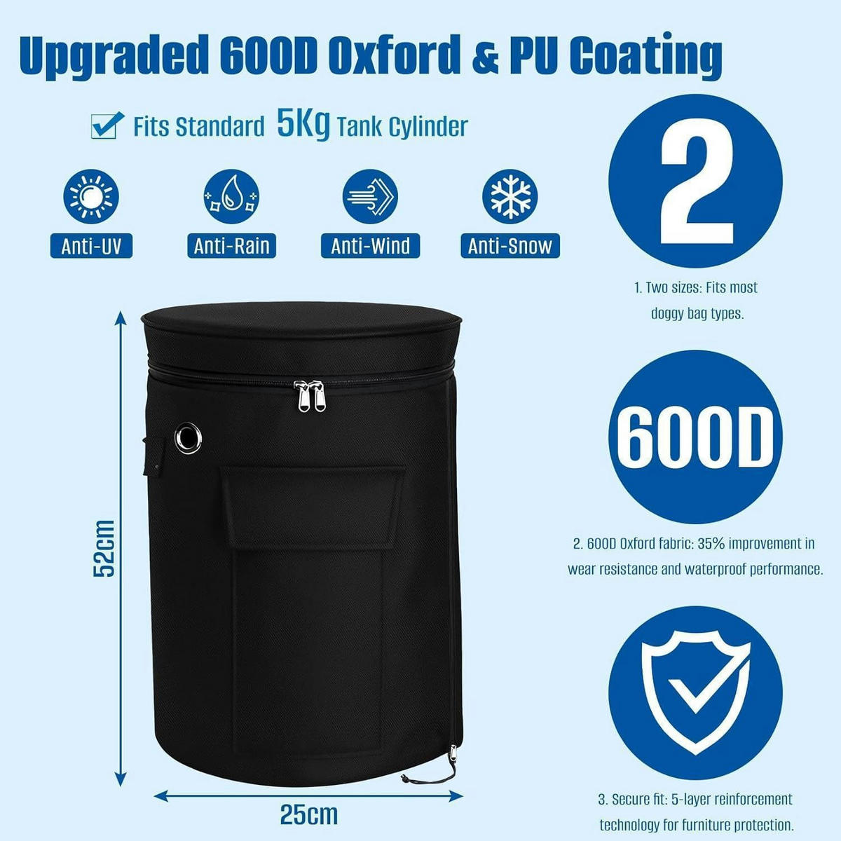 ABDECKHAUBE für Gasflasche 5 kg wasserdicht 600D Oxford Schwarz Φ25x52cm - Schwarz, Kunststoff (25/25/52cm)