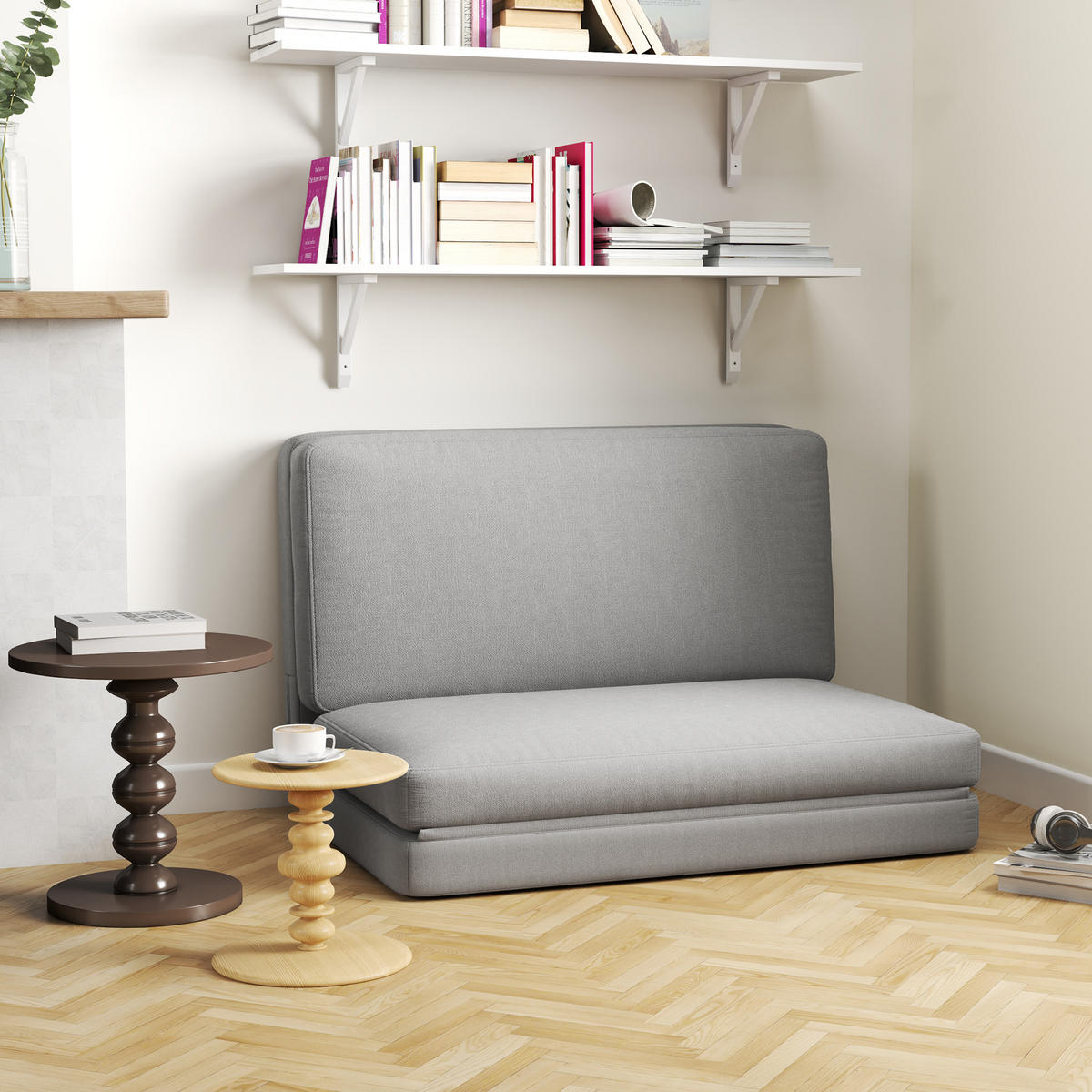 BODENSOFA 3-in-1 Klappbar Schlafsofa mit Samtoptik für Schlafzimmer, Wohnzimmer - Hellgrau, Textil (120/10/275cm) - HOMCOM