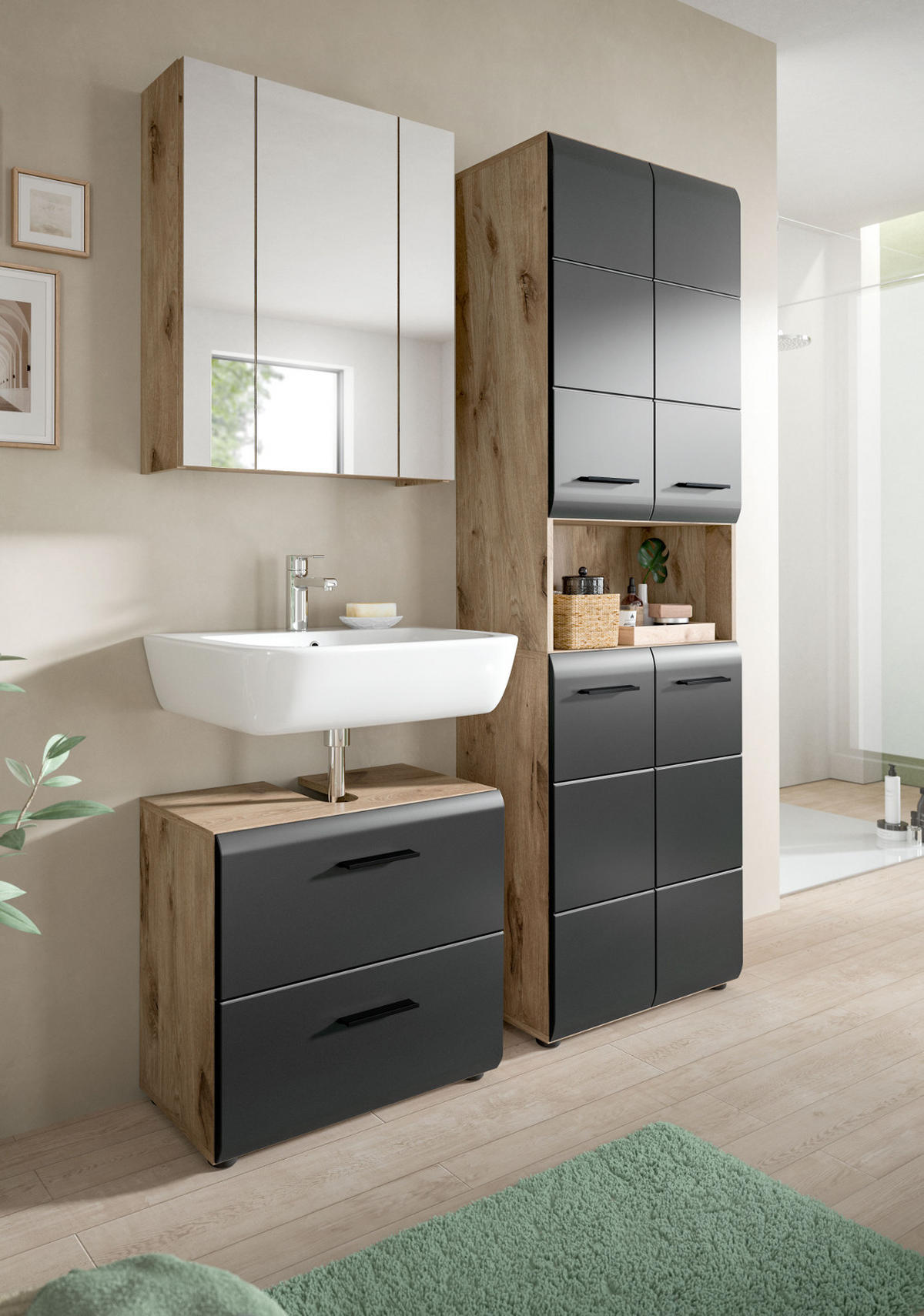 BADMÖBEL-SET 3-teilig schwarz matt, Eiche Nox, Badkombination mit Hochschrank 135 cm - Eichefarben/Schwarz, Glas/Holzwerkstoff (135/185/30cm) - Inn.Furn