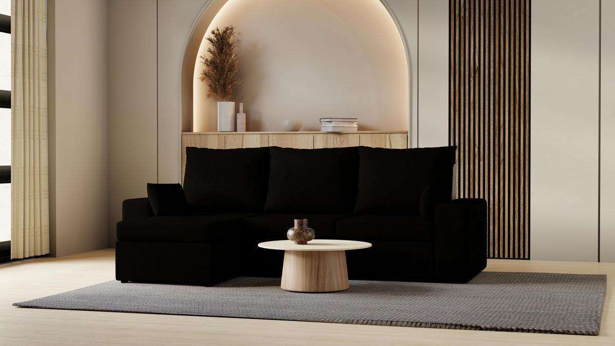 ECKSOFA Paco mit Bettkasten und Schlaffunktion, L-Form/XL-Form, Velourstoff, Universal - Schwarz, Holzwerkstoff (246/145cm) - 4ALL HOME