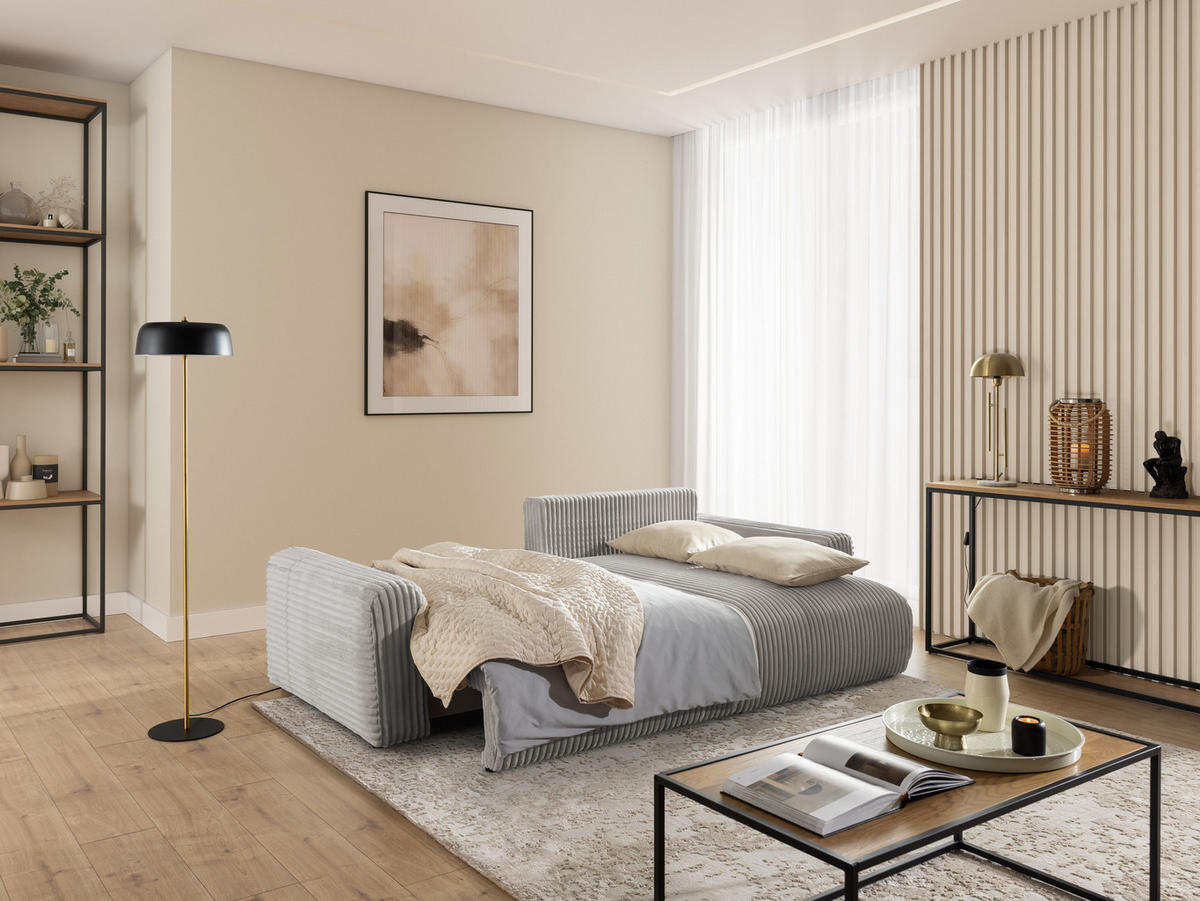 ECKSOFA Calma mit Schlaffunktion und Bettkasten im Bumpy-Design aus weichem Taupe Plüschcord - Ottomane rechts - Taupe/Schwarz, Holz/Kunststoff (140/239cm) - S-Style