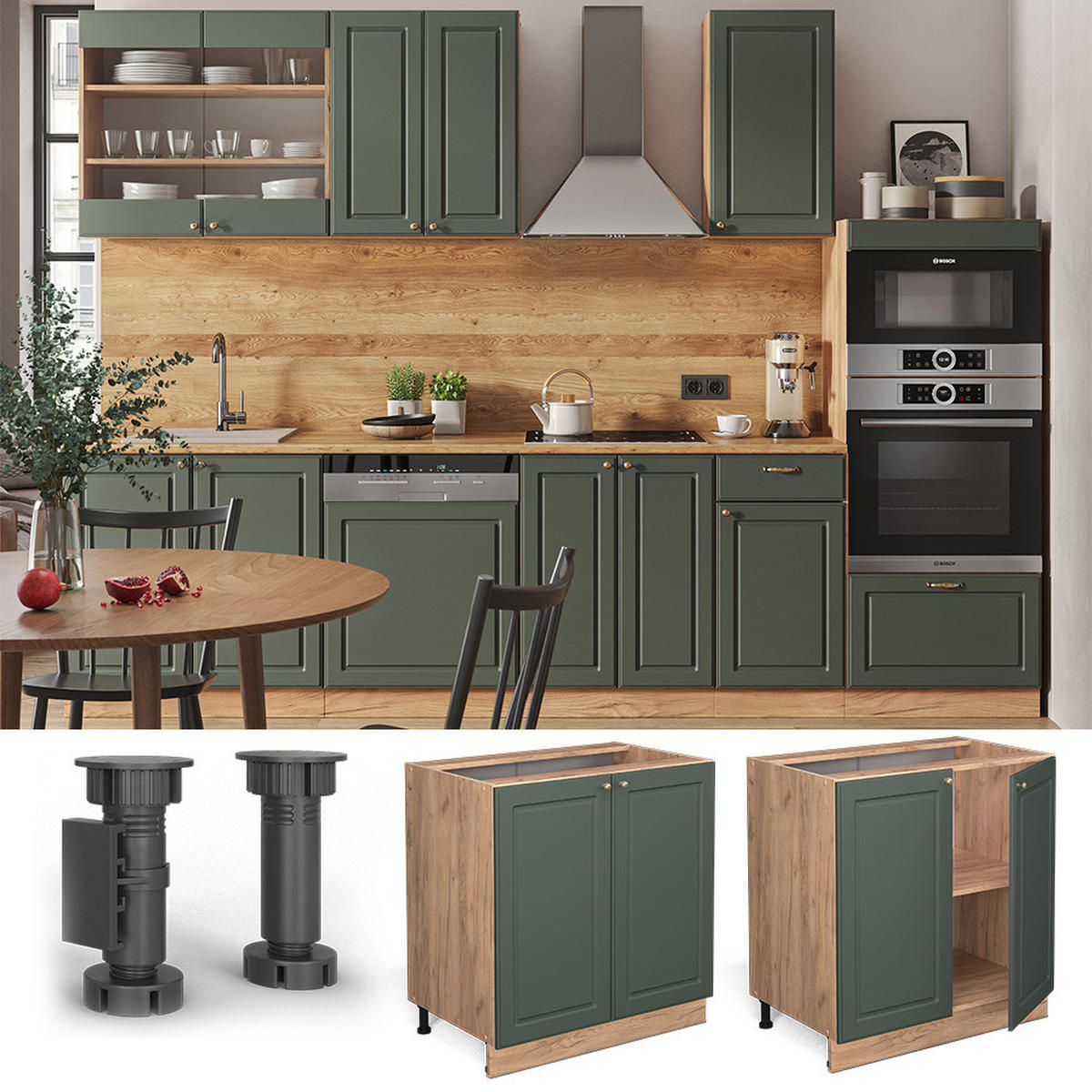 KÜCHENUNTERSCHRANK Fame-Line Grün-Gold Landhaus 80 cm mit Regal, ohne Arbeitsplatte - Eiche Wotan/Grün, Holzwerkstoff (80/82/51.6cm) - Vicco