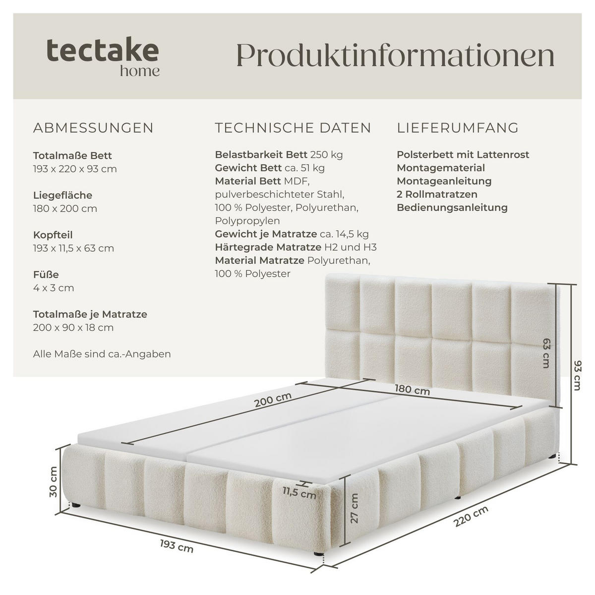 BETTSET , 250 kg Belastbarkeit, bodenschonende Kunststofffüße, Teddy creme - Creme, Holz (180/200cm) - tectake