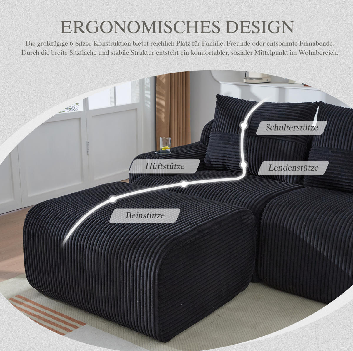 WOHNLANDSCHAFT Modulares Sofa 333/174/80 cm schwarz aus Cord mit Getränkehalter und Seitentasche - Schwarz, Textil (174/80/333cm) - Modenvie